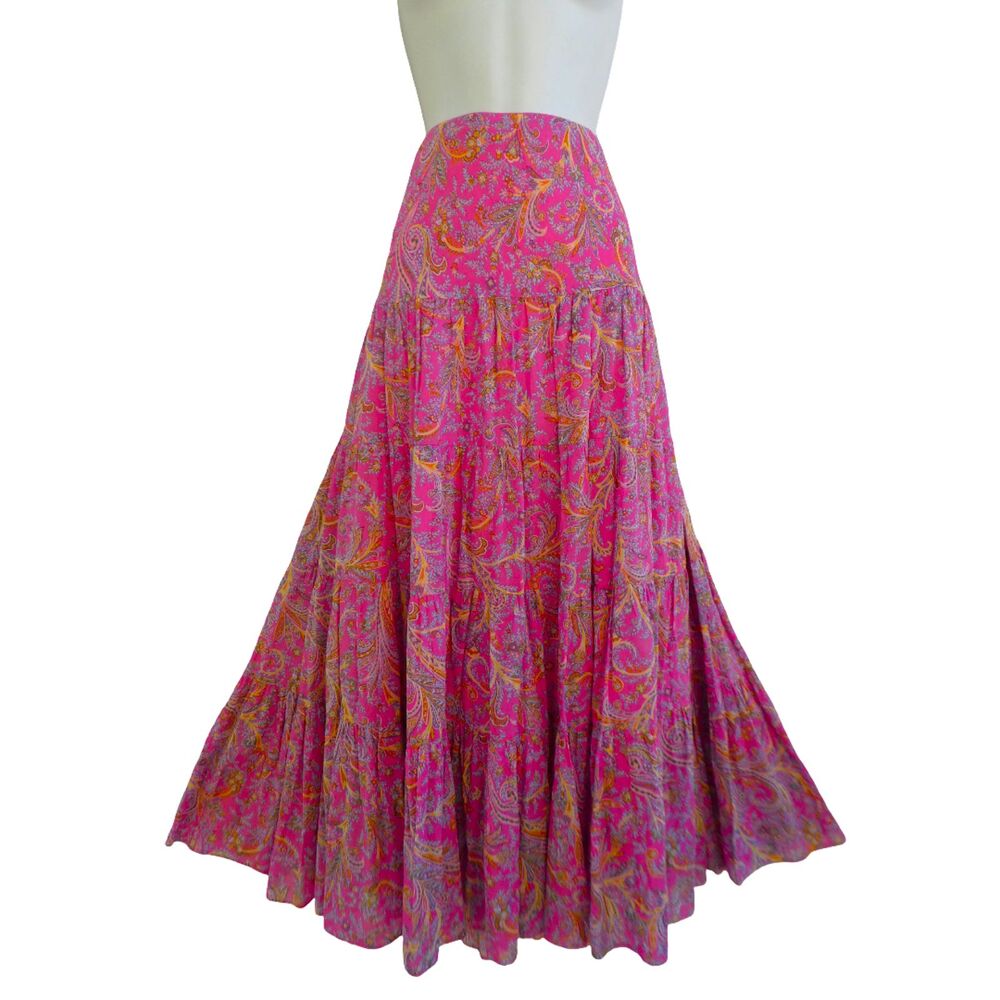 Vintage Ralph Lauren Pink Paisley Ruffled Tiered Maxi Skirt Elastic Pull On Boho